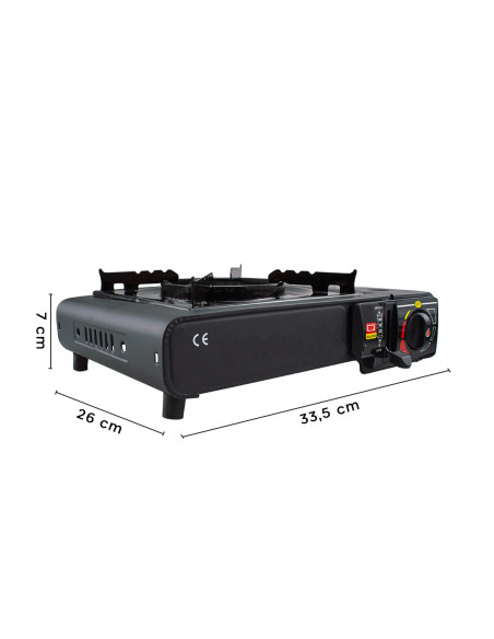 Fogón de gas portátil para camping en maletín, ideal para cocina al aire libre.