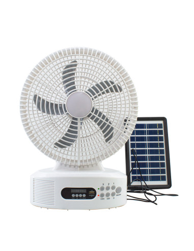 Ventilador de mesa de energía solar recargable con Bluetooth LED y radio FM