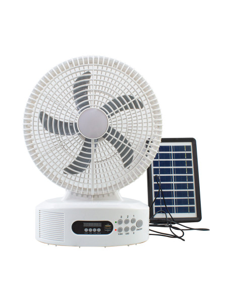 Ventilador de mesa de energía solar recargable con Bluetooth LED y radio FM