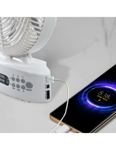 Ventilador de mesa de energía solar recargable con Bluetooth LED y radio FM