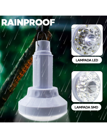 Lámpara LED portátil Antorcha de carga solar bombilla para acampar con gancho