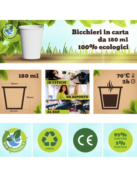 Pack 50 Vasos cartón 180ml biodegradable compostable desechable para agua o café