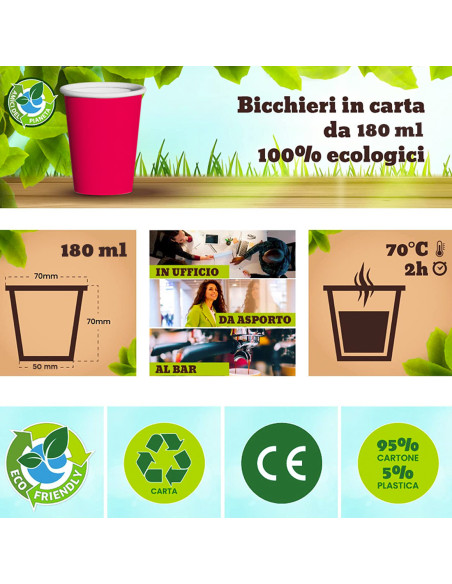 Pack 500pcs Vasos Carton Rojo 180ml Desechables Biodegradables y Compostables