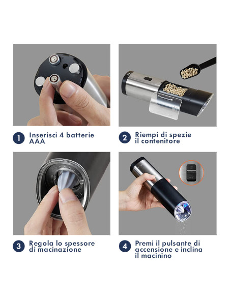 Molinillo de Sal y Pimienta Eléctrico a Batería en Acero con Pomo Ajustable