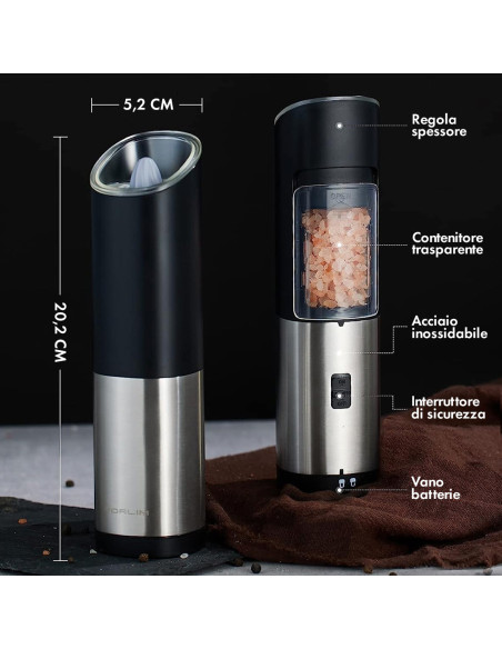 Molinillo de Sal y Pimienta Eléctrico a Batería en Acero con Pomo Ajustable