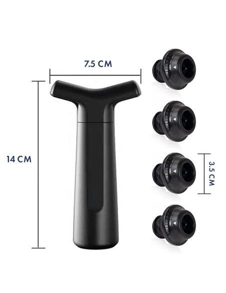 Bomba Wine Saver para Botellas con 4 Tapones de Vacío de Silicona Diámetro 19mm