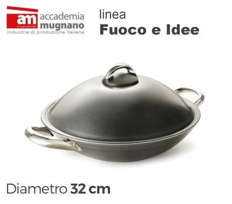 Sartén Wok de 32cm con tapa y recubrimiento antiadherente de efecto piedra - Accademia Mugnano Linea FUOCO & IDEE