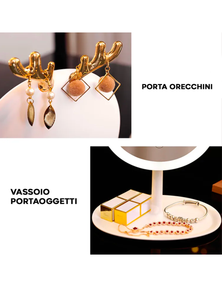 Espejo Porta Joyas de Maquillaje Cosmético con Luz LED Táctil Recargable de Mesa