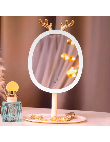 Espejo Porta Joyas de Maquillaje Cosmético con Luz LED Táctil Recargable de Mesa