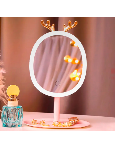 Espejo Porta Joyas de Maquillaje Cosmético con Luz LED Táctil Recargable de Mesa