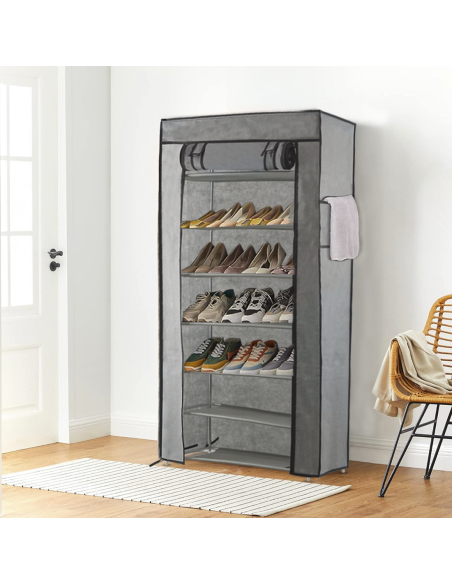 Zapatero Ahorra Espacio con 7 Estantes de Tela TNT y Estructura de Acero Modular