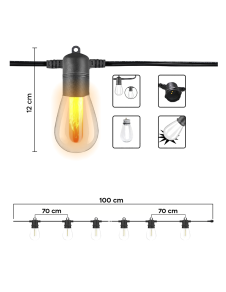 Cadena Luminosa con Panel Solar Recargable 10m Luz Cálida Efecto de Fuego