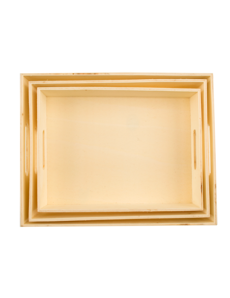 Pack 3 Bandejas de Madera Natural con Asas Varias Medidas para Pintar