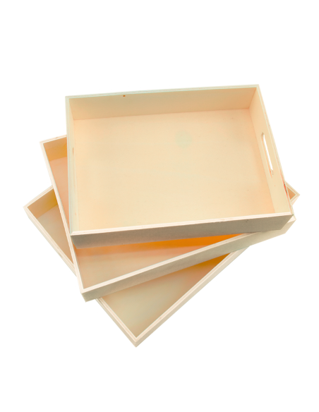 Pack 3 Bandejas de Madera Natural con Asas Varias Medidas para Pintar