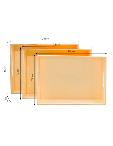 Pack 3 Bandejas de Madera Natural con Asas Varias Medidas para Pintar