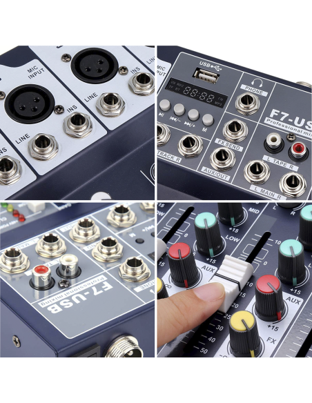Mezclador Audio 7 Canales Profesional Bluetooth Alimentación Phantom 48V Ef ECHO