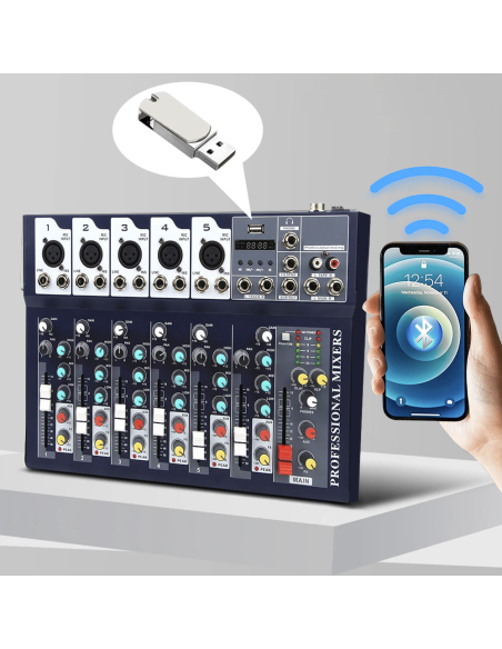 Mezclador Audio 7 Canales Profesional Bluetooth Alimentación Phantom 48V Ef ECHO