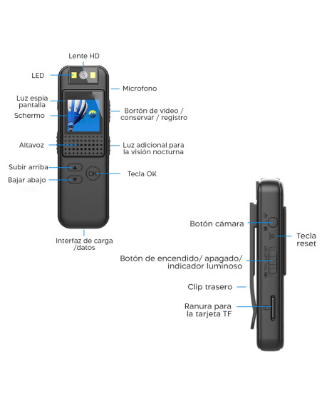 Minicámara vídeo audio portátil Pantalla Full HD Clip visión nocturna posterior