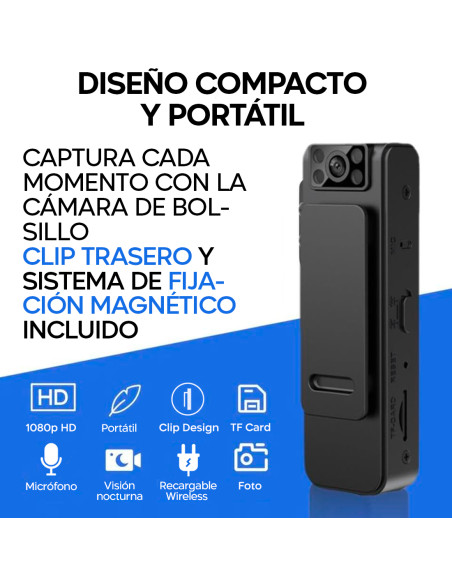 Mini cámara de vídeo inalámbrica portátil 1080HD visión nocturna con clip e imán