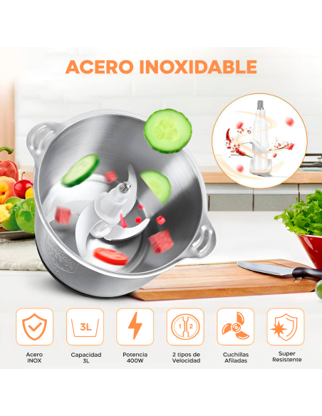 Trituradora carne y verduras multifunción 400W tazón 3LT triturar picar mezclar