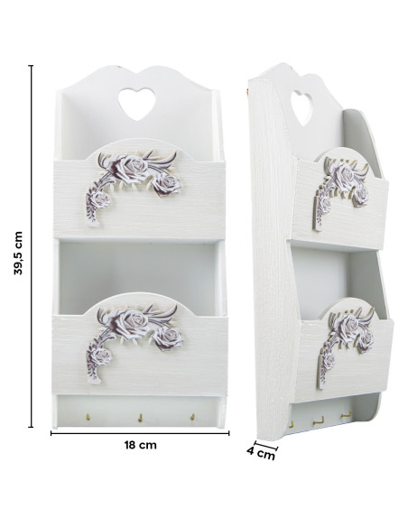 Organizador cartas pared madera 2 compartimentos y decoración Shabby 29x6x18 cm