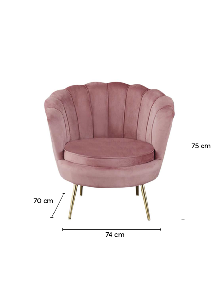 Sillón concha SOFIA terciopelo sala de estar vintage 78x73x78 cm patas doradas