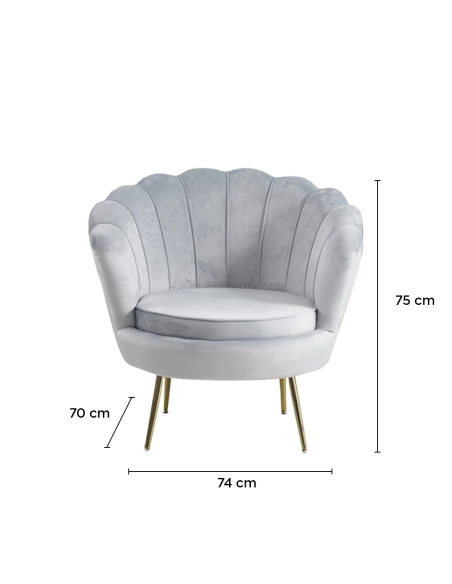 Sillón concha SOFIA terciopelo sala de estar vintage 78x73x78 cm patas doradas
