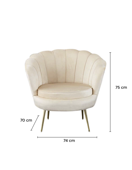 Sillón concha SOFIA terciopelo sala de estar vintage 78x73x78 cm patas doradas