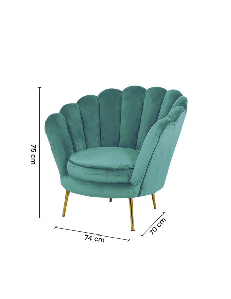 Sillón concha SOFIA terciopelo sala de estar vintage 78x73x78 cm patas doradas