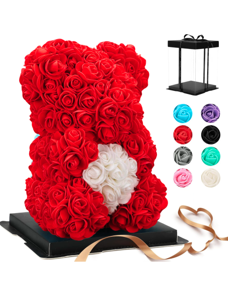 Oso de Rosas Artificiales H25cm con Envase Transparente, Idea de Regalo