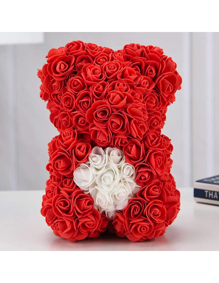 Oso de Rosas Artificiales H25cm con Envase Transparente, Idea de Regalo