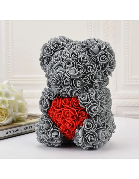 Oso de Rosas Artificiales H25cm con Envase Transparente, Idea de Regalo