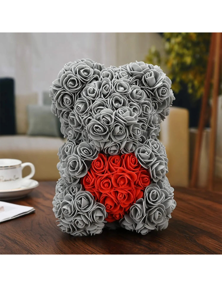 Oso de Rosas Artificiales H25cm con Envase Transparente, Idea de Regalo