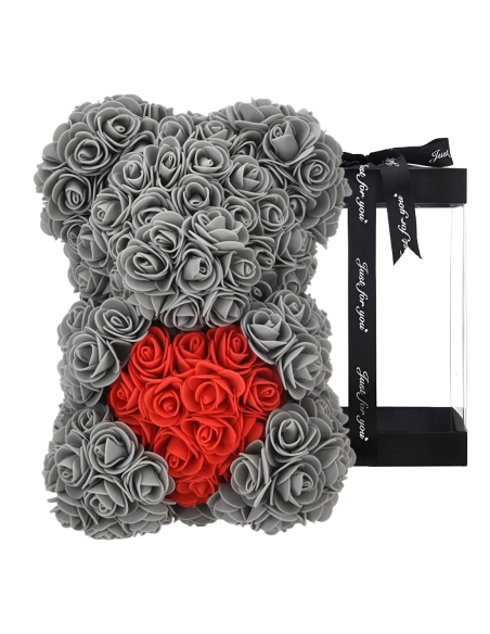 Oso de Rosas Artificiales H25cm con Envase Transparente, Idea de Regalo