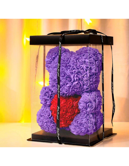 Oso de Rosas Artificiales H25cm con Envase Transparente, Idea de Regalo