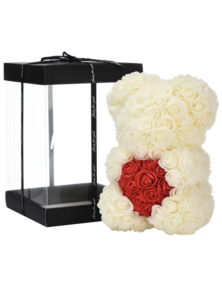 Oso de Rosas Artificiales H25cm con Envase Transparente, Idea de Regalo