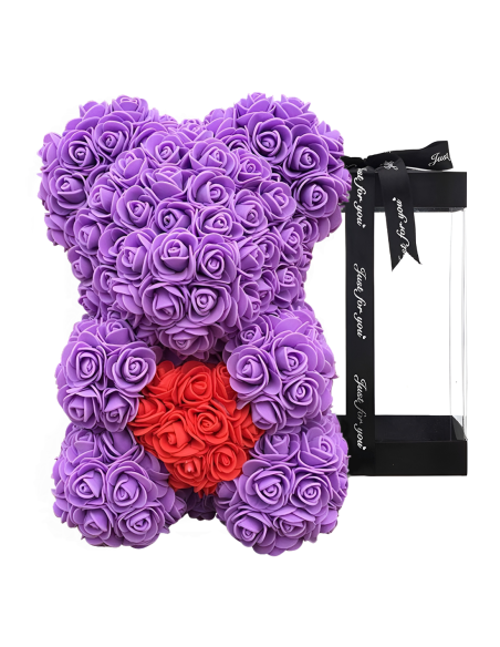 Oso de Rosas Artificiales H25cm con Envase Transparente, Idea de Regalo