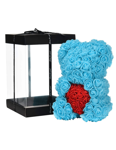 Oso de Rosas Artificiales H25cm con Envase Transparente, Idea de Regalo