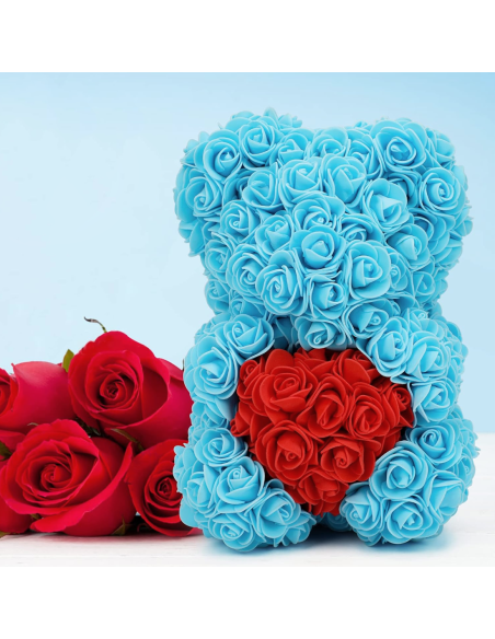 Oso de Rosas Artificiales H25cm con Envase Transparente, Idea de Regalo