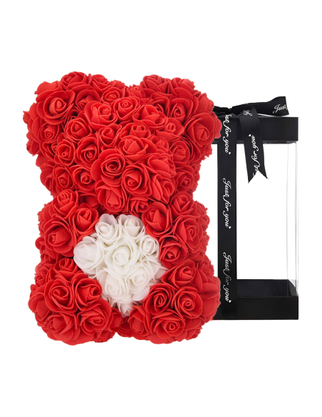 Oso de Rosas Artificiales H25cm con Envase Transparente, Idea de Regalo
