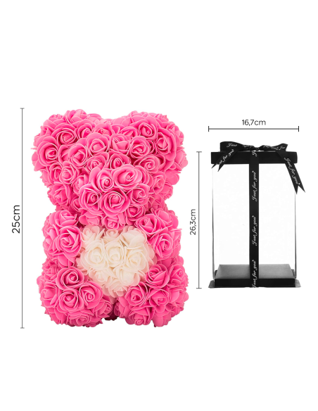 Oso de Rosas Artificiales H25cm con Envase Transparente, Idea de Regalo