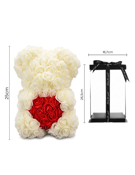 Oso de Rosas Artificiales H25cm con Envase Transparente, Idea de Regalo