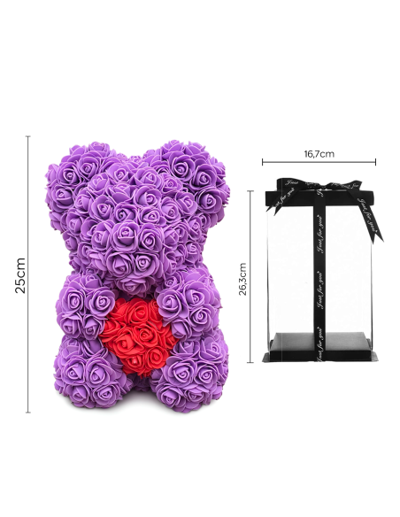 Oso de Rosas Artificiales H25cm con Envase Transparente, Idea de Regalo
