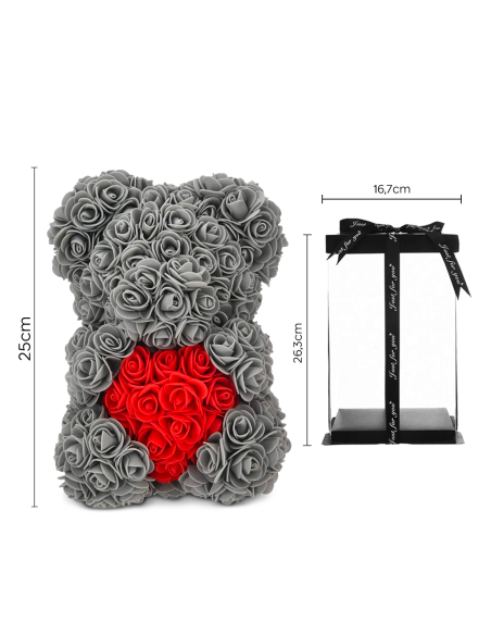 Oso de Rosas Artificiales H25cm con Envase Transparente, Idea de Regalo