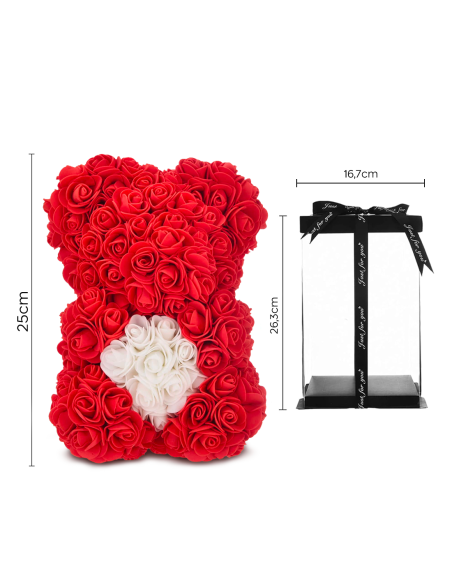 Oso de Rosas Artificiales H25cm con Envase Transparente, Idea de Regalo