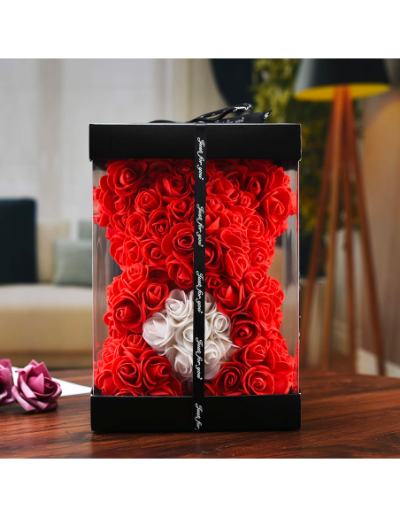 Oso de Rosas Artificiales H25cm con Envase Transparente, Idea de Regalo
