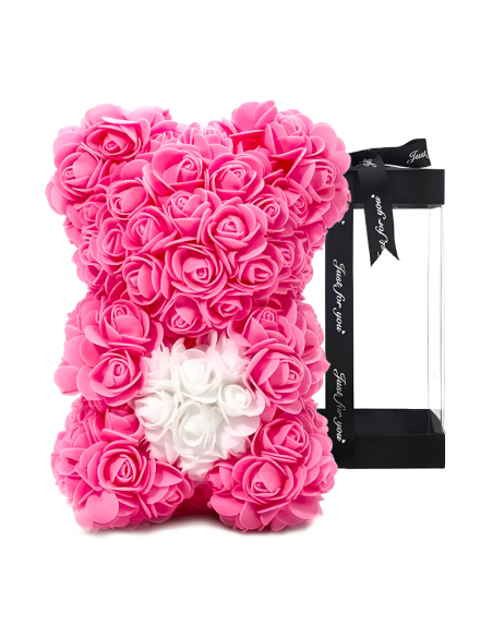 Oso de Rosas Artificiales H25cm con Envase Transparente, Idea de Regalo