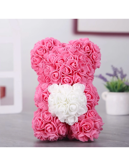 Oso de Rosas Artificiales H25cm con Envase Transparente, Idea de Regalo