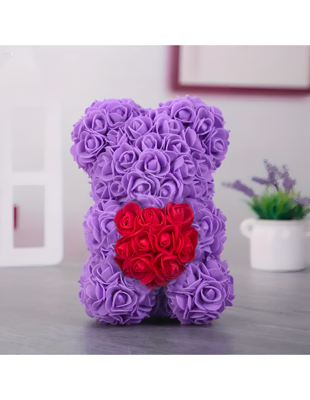Oso de Rosas Artificiales H25cm con Envase Transparente, Idea de Regalo