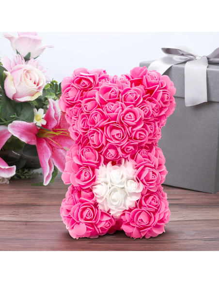 Oso de Rosas Artificiales H25cm con Envase Transparente, Idea de Regalo